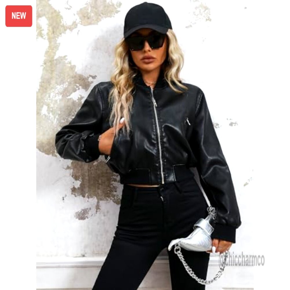 Faux Leather Varsity Bomber Jacket, Biker Style, Zipper Closure, Side Pockets - Picture 4 of 6